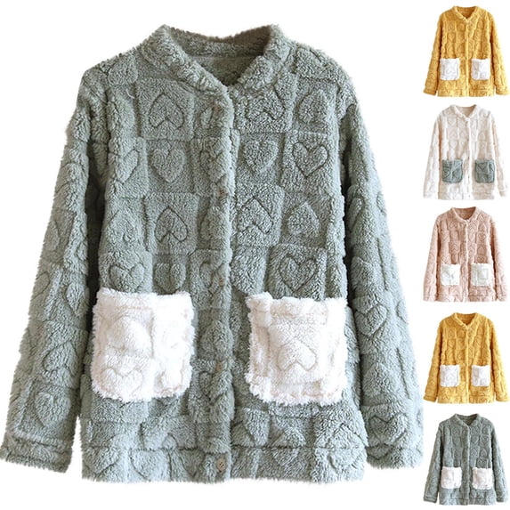 Bixock Fleece Pajamas for Women Loungewear Tops Sleep Cardigan Heart Print Flannel Long Sleeve V Neck Open Front Side Pocket Thick Warm Outdoor Indoor Women Clothings