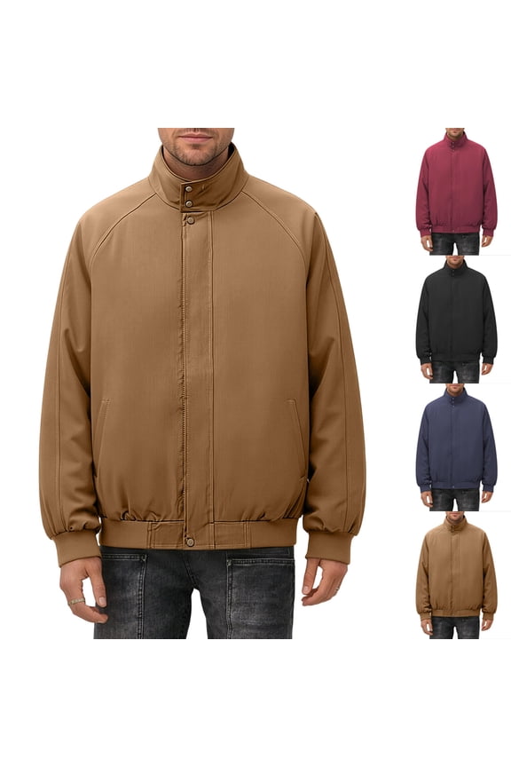 Flight Jackets for Men Zip Up Jacket Stand Collar Long Sleeve Light Windproof Outerwear With Oversize Side Patch Pockets Fall Outdoor Daily Layer Top Men Clothings