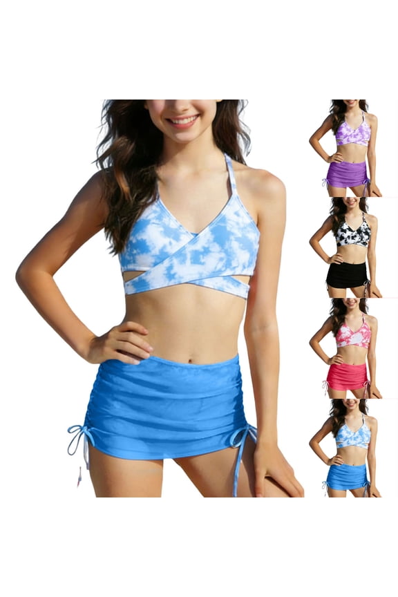 Girls Bathing Suits,Swimsuit for Girls,Swimsuit for Kids Print Split Dress Style 3 Piece Set Tankini Stretch for Big Girls 3 to 12 Years Old Summer Beach Pool Vaion Wear Swimsuit