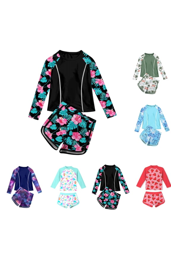 Girls Bathing Suits,Swimsuit for Girls,Swimsuit for Kids Watermelon Print Split Crew Neck Long Sleeve 2 Piece Set with Shorts for Big Kids Boys and Girls Swimsuit