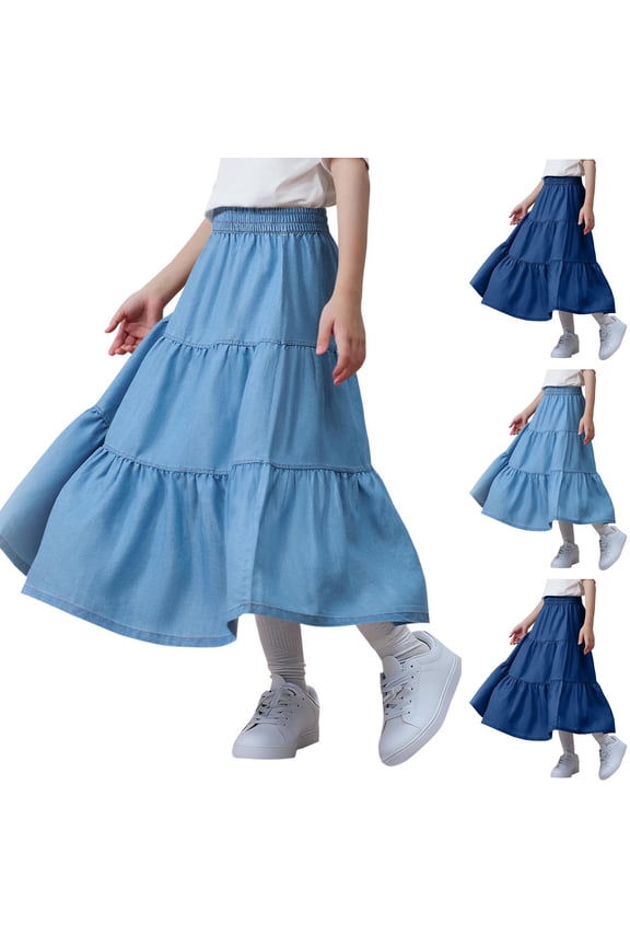 Girls Denim Skirt Elastic Waist Jeans Dress Skirt Solid Color Lyocell Fabric Calf Length Denim Style Wear Summer Dress for Ages 5-16 Years
