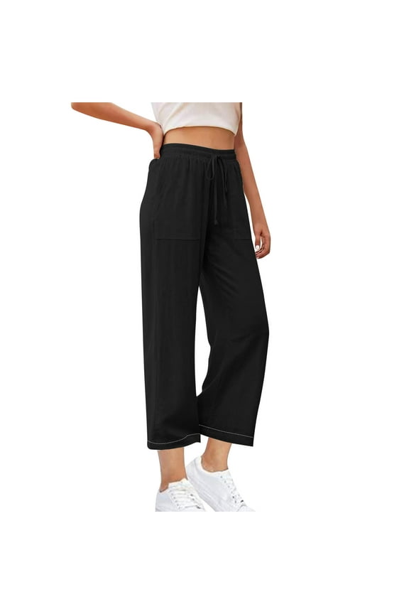 Linen Pants for Women,Wide Leg Sweatpants for Women,Pants for Women Casual High Waist Solid Color Linen Cotton Drawstring Pants with Pockets Straight Leg Long Soft Daily Wear Pants Clothes