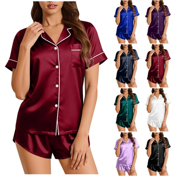 Bixock Loungewear Set for Women,Silk Pajamas for Women Solid Color Satin Short Sleeve Lapel Collar Top And Pants 2 Piece Soft Loungewear Sleepwear