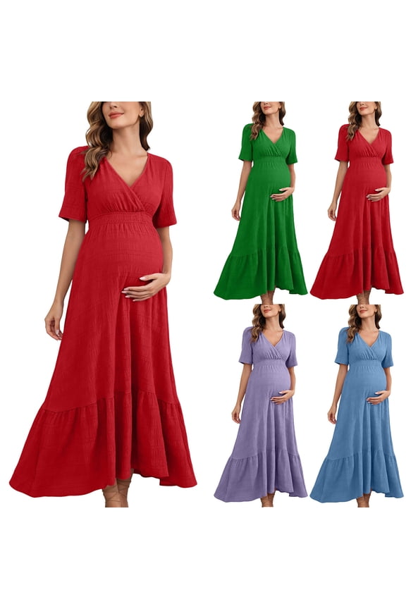 Maternity Maxi Dress V Neck Short Sleeve High Waist A Line Loose Baby Shower Pregnancy Dresses for Photoshoot Maternity Outfits Summer Clothings