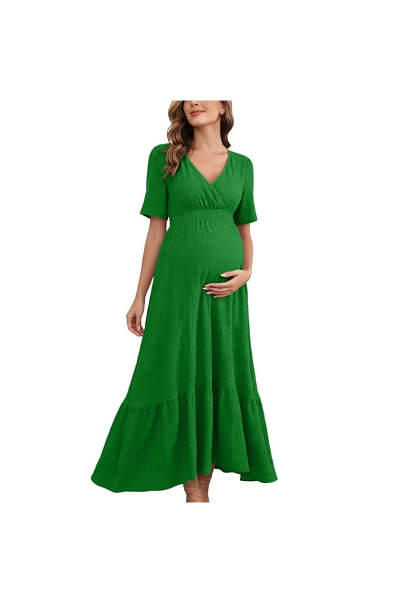 Maternity Maxi Dress V Neck Short Sleeve High Waist A Line Loose Baby Shower Pregnancy Dresses for Photoshoot Maternity Outfits Summer Clothings
