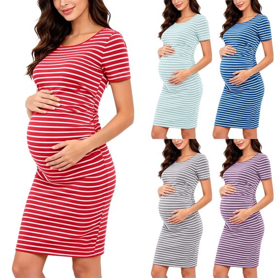 Bixock Maternity Midi Dress Crew Neck Short Sleeve Wrap Baby Shower Pregnancy Dresses for Photoshoot Maternity Outfits Summer Clothings