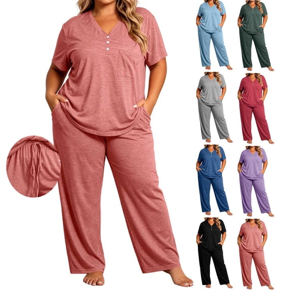 Bixock Plus Size Women Pajamas Sets 2 Piece Long Sleeve Pajama Set with Drawstring Pants and Pockets Solid Color Loungewear Maternity Clothings