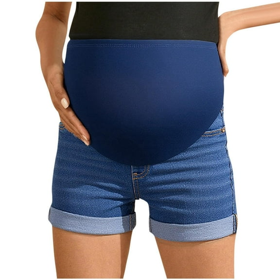 Bixock Maternity Pants,Womens Over The Belly Pants,Fashion Belly Hugging Denim Shorts for Women with Rolled Edges Maternity Denim Shorts Casual Outerwear Shorts