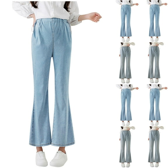 Bixock Maternity Pants,Womens Over The Belly Pants,Pregnant Cropped Jeans with Elastic Side Drawstring Flared Pants for Wearing Outside