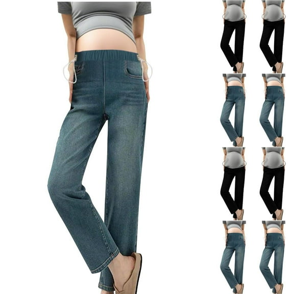 Bixock Maternity Pants,Womens Over The Belly Pants,Pregnant Side Drawstring Pocket Jeans Straight Leg Pants Casual Cropped Pants Worn Outside