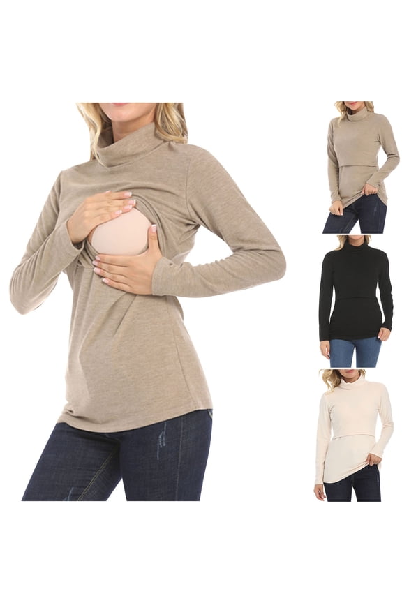 Maternity Tops Long Sleeve Crew Neck Warm Maternity Nursing Tops for Breastfeeding Soft Breathable Maternity Blouse Comfortable Maternity Clothings