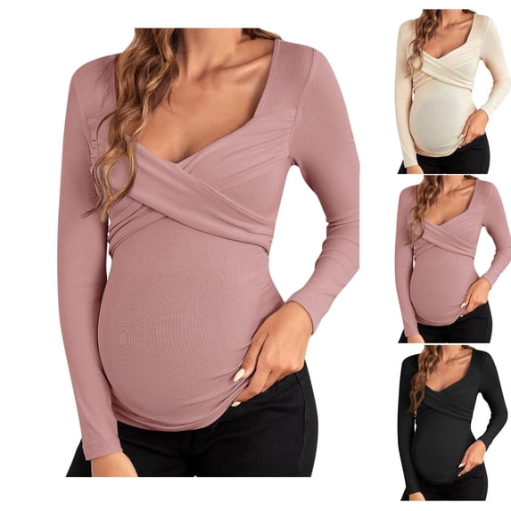 Bixock Maternity Tops Long Sleeve Pregnant Tops V Neck Maternity Nursing Tops for Breastfeeding Soft Breathable Maternity Shirts Comfortable Maternity Clothings