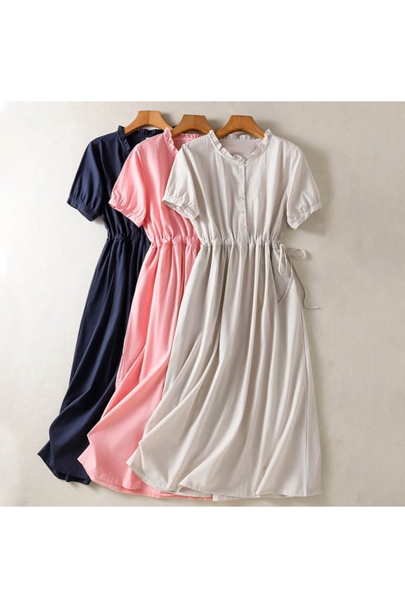 Maternity's Dress Crew Neck Short A Line Midi Dress Loose Linen Sundress Baby Shower Pregnancy Dresses for Daily Maternity Outfits Summer Clothings