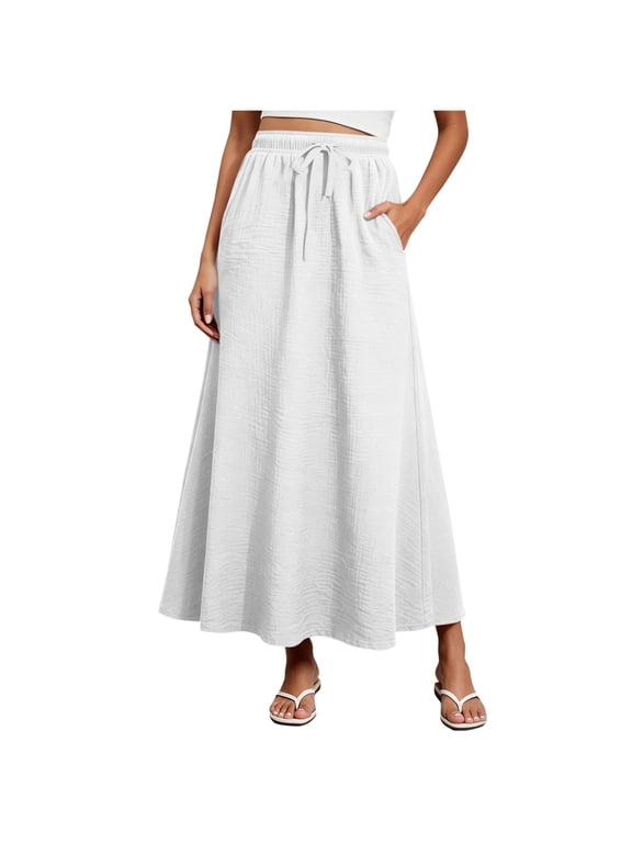 Maxi Skirt for Women Linen Dresses Elastic Waist A Line Ankle Length Faux Linen Side Patch Pockets Loose Breathable Daily Outdoor Summer Wear