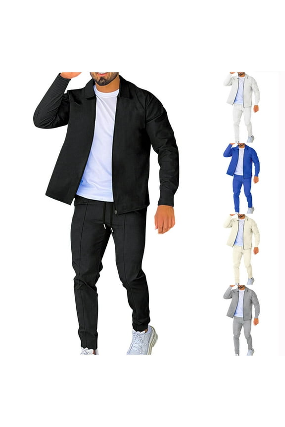 Men 2 Piece Set,Casual Outfits for Men Knit Solid Color Long Sleeve Zip up Jacket and Drawstring Long Pants Sweatsuit Outfits Set