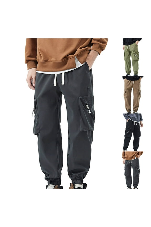 Men Cargo Work Sweatpant,Wide Led Pants,Men Casual Pants Pocket Drawstring Zipper Solid Color Elastic Waist Jogger Cargo Long Pants