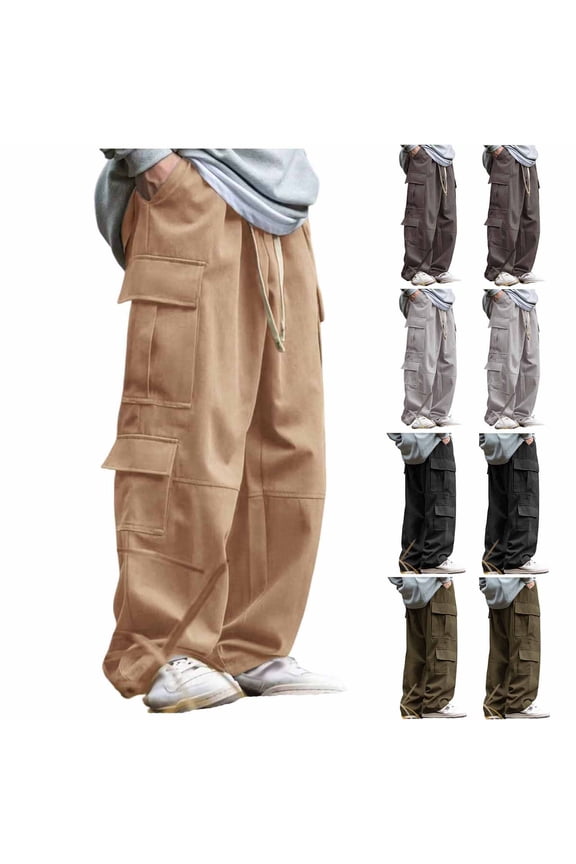 Men Cargo Work Sweatpant,Wide Led Pants,Men Casual Pants Solid Color Work Cargo Elastic Waist Drawstring Multi Pocket Outdoor Straight Leg Long Pants