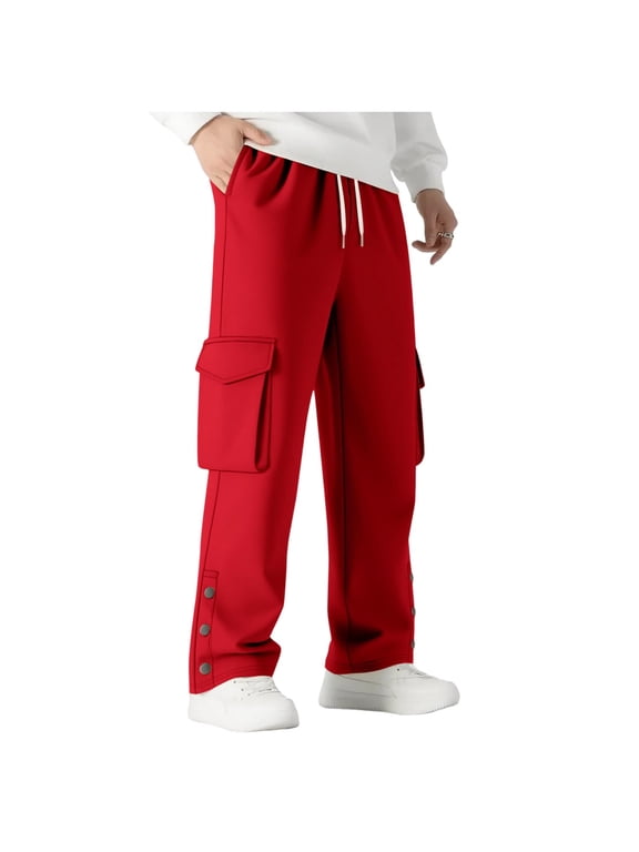 Men Cargo Work Sweatpant,Wide Led Pants,Men's Pants Solid Color Multi Pocket Split Hem Work Cargo Elastic Waist Jogger Long Pants