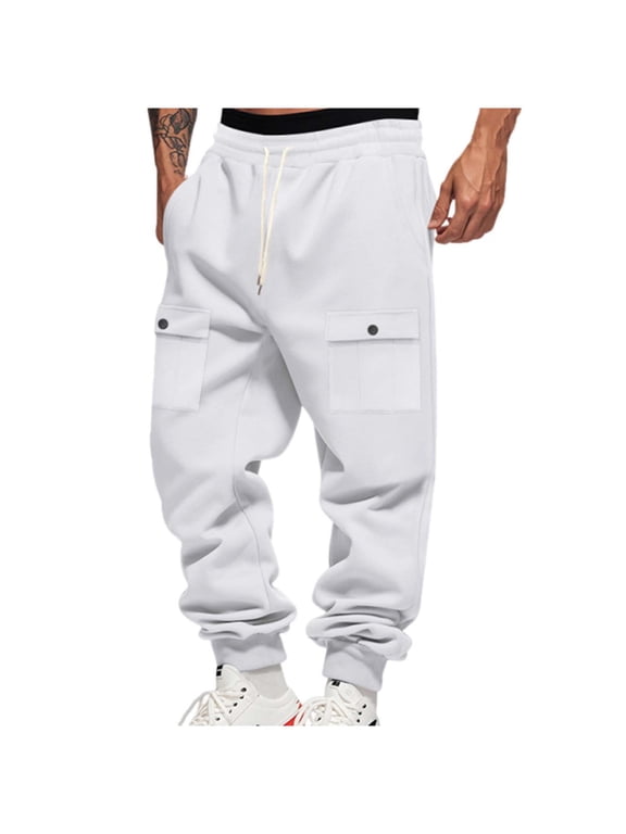 Men Cargo Work Sweatpant,Wide Led Pants,Men's Pants Solid Color Work Cargo Elastic Waist Drawstring Jogger Ankle Cuff Long Pants