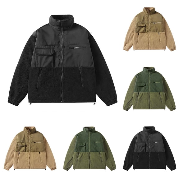 Bixock Men Fall and Winter Fleece Shirt Jackets, Men Sherpa-Lined Jackets, Men Solid Color Long Sleeve Stand Collar Zippered Pockets Outdoor Warm Outerwear Jackets