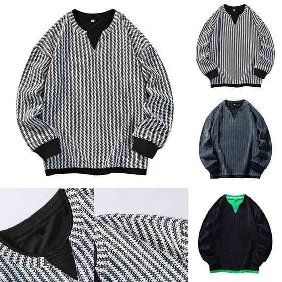 Bixock Men Fall and Winter Hoddie Tops,Long Sleeved Shirts Tops for Men,Men Casual Tops Solid Color Striped Loose Sport Pocket Round Neck Sweatshirt Tops