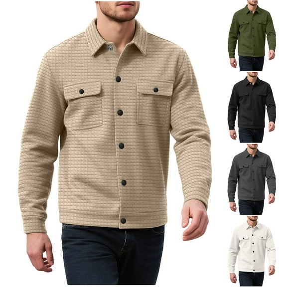 Bixock Men Fall and Winter Lined Shirt Jacket,Faux Trucker Jackets for Men,Outwear Jackets for Men Solid Color Long Sleeve Lapel Collar Pattern Button Down Pocket Pullover Outerwear Jackets