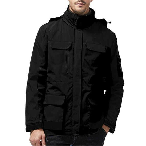 Bixock Men Fall and Winter Raincoats Jackets, Men Waterproof Outdoor Jackets, Men Solid Color Long Sleeve Hooded Zippered Pockets Windproof Waterproof Detachable Hood Warm Outerwear Jackets