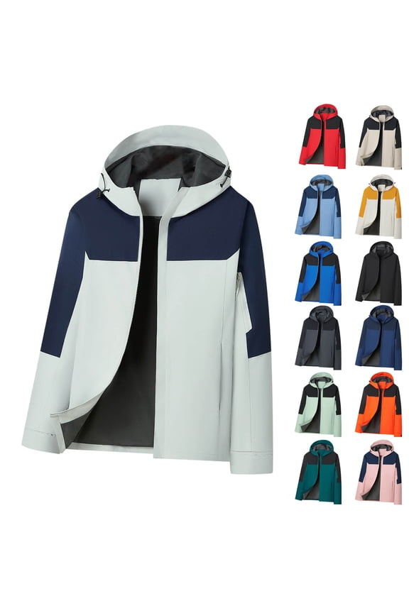 Men Fall and Winter Raincoats Jackets,Men Waterproof Outdoor Jackets,Men's Outwear Jackets Color Block Long Sleeve Hooded Zippered Pockets Outdoor Workwear Jacket