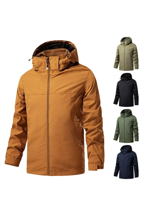 Men Fall and Winter Raincoats Jackets,Men Waterproof Outdoor Jackets,Outwear Jackets for Men Solid Color Long Sleeve Hooded Zippered Pockets Running Trekking Jacket
