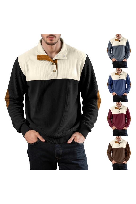 Casual Top for Mens,Stand Collar Tops for Men,Men Casual Tops Casual Style Half Button Stand Collar Fashion Color Block Pullover Tops