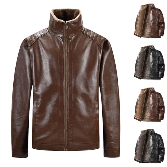 Bixock Men Fleece Lesther Jackets, Men Bomber Jackets, Men's Solid Color Long Sleeve Stand Collar Zip Up Leather Sheepskin Lined Warm Outerwear Jackets