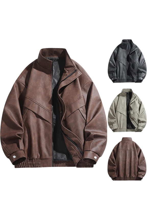 Men Fleece Lesther Jackets, Men Bomber Jackets, Men's Solid Color Long Sleeve Stand Collar Zippered Pockets Leather Biker Warm Outerwear Jackets