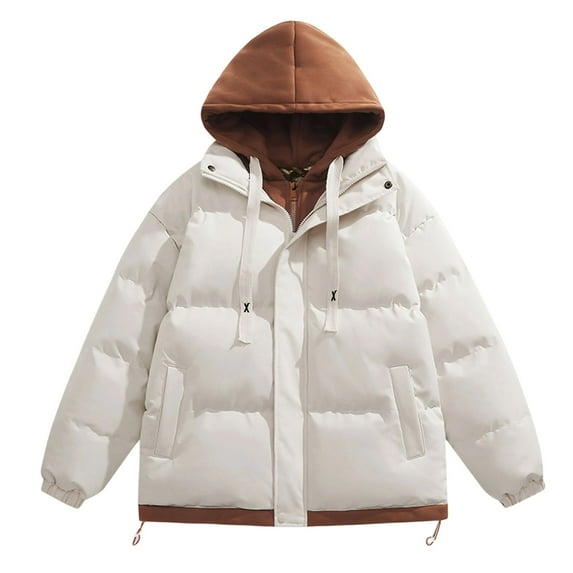 Bixock Men Fleece Puffer Jackets, Quilted Jackets for Men, Men Solid Color Long Sleeve Hooded Fake Two Piece Thickened Fleece Lined Outerwear Jackets