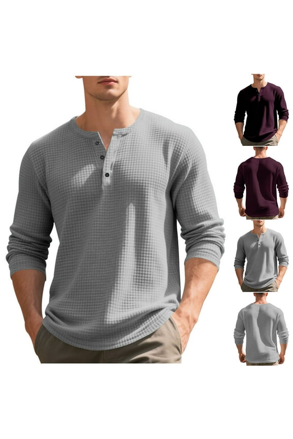 Casual Tops for Men,Button-Up for Men,Men Casual Tops Solid Color Mini Check Round Neck Button Down Long Sleeve Shirt Tops