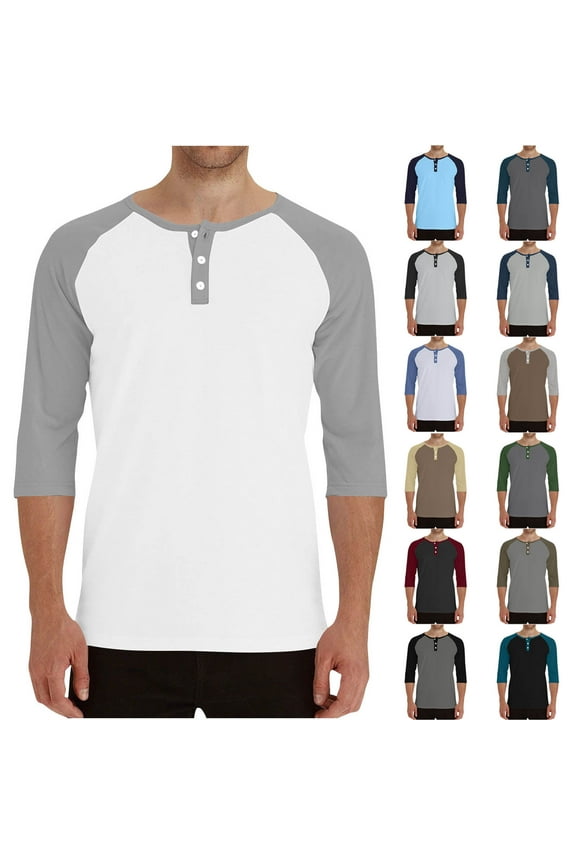 Men Long Sleeved Shirts Top,Fall/Winter Button-Up Shirts Tops,Men Casual Tops Solid Color Style Button Placket Raglan Three Quarter Sleeve Tops
