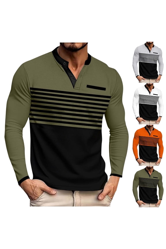 Casual Tops for Men,Button-Up for Men,Men Casual Tops Striped Color Block Business Casual Half Button Placket Round Neck Long Sleeve Shirt Tops