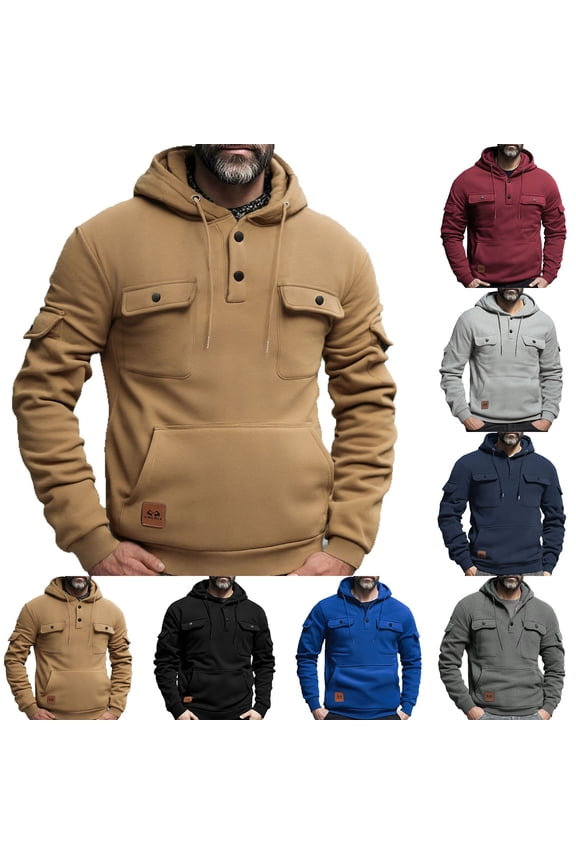 Casual Tops for Men,Hoodie Top for Men,Men Casual Tops Solid Color Fleece Lined Hooded Button Placket Sweatshirt with Sleeve Pockets Tops