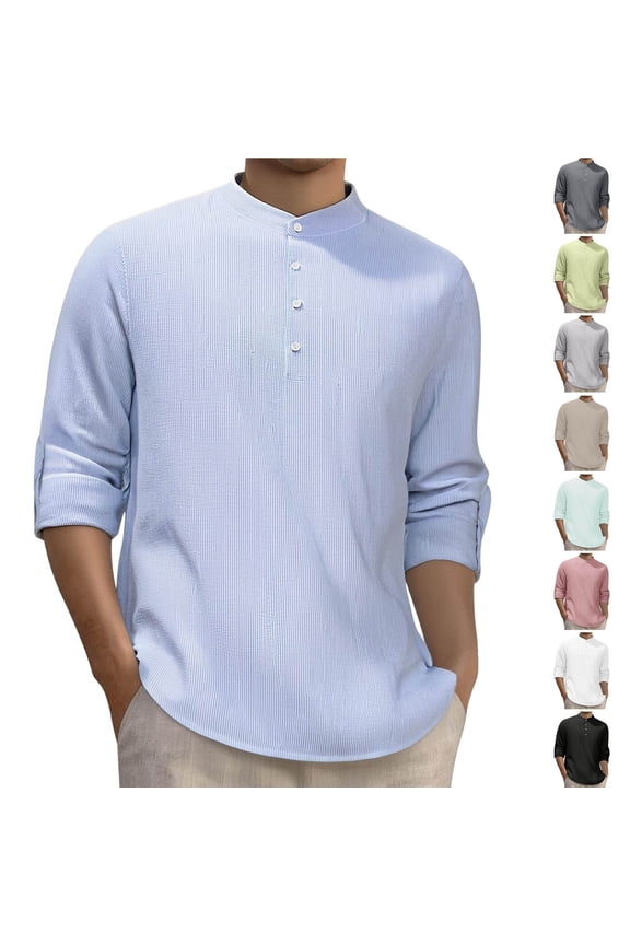 Casual Tops for Men,Stand Collar Tops for Men,Men Casual Tops Striped Print Stand Collar Half Button Placket Loose Long Sleeve Shirt Tops