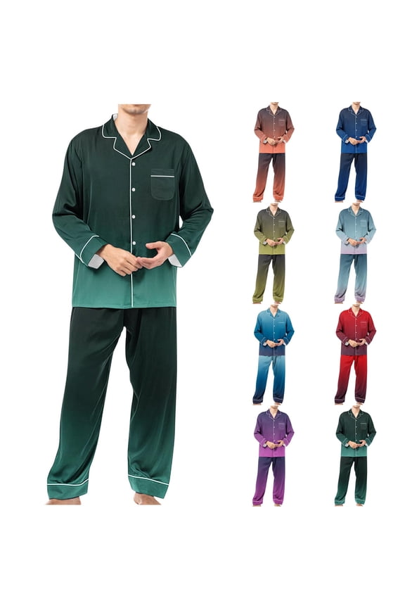 Men's 2 Piece Outfits,Pajamas for Men Gradient Print Long Sleeve Lapel Cardigan Pajama Set with Pocket Top and Long Pants