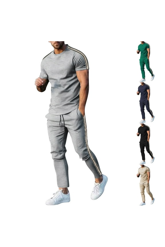 Men's 2 Piece Set,Jogging Suits for Men,Solid Color Short Sleeve Crew Neck Top and Long Pants with Casual Sweatsuit Outfits