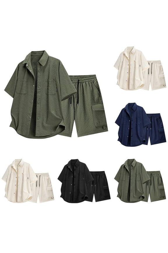 Men's Casual Outfits,Men 2 Piece Set Solid Color Cool Touch Short Sleeve Lapel Shirt Set Summer Casual Vacation Beach Set