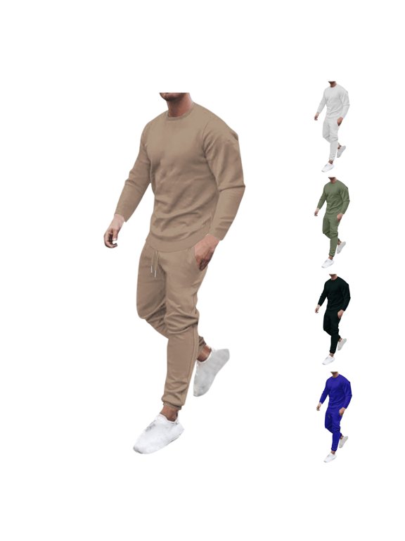 Men's Sweatsuit Outfits,2 Piece Set for Men Solid Color Crew Neck T Shirt and Long Pants Loose able Daily Casual Set