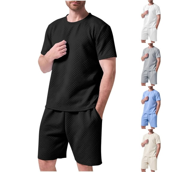 Bixock Men's Sweatsuit Outfits,2 Piece Set for Men Solid Color Short Sleeve Crew Neck Drawstring Elastic Waist Fashion Summer Casual Daily Set