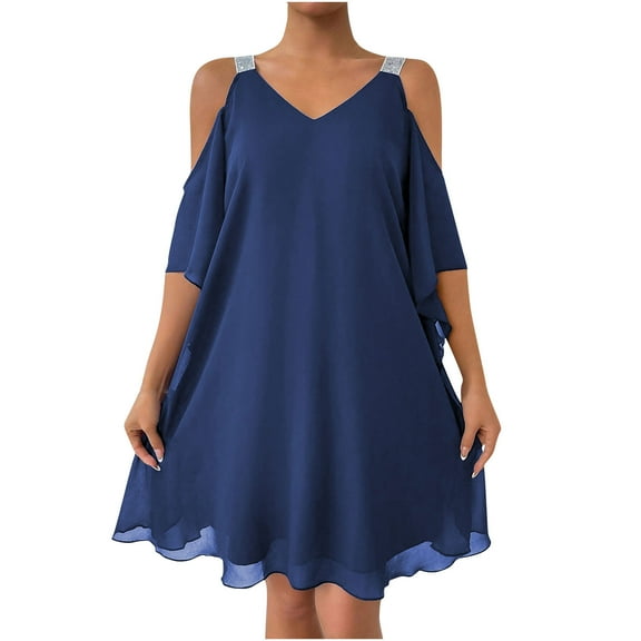 Bixock Mini Dress for Women,Dress for Women Sleeveless Off Shoulder Solid Color V-Neck Chiffon Dress