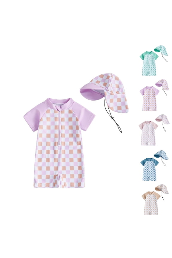 One Piece Swimsuits for Boys and Girls,Toddler Bathing Suits,Swimsuit for Kids Plaid Print One Piece Short Sleeve Half Zipper with Cap Quickly Dry Swimsuit