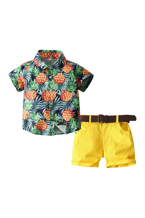 Onefit Sets for Kids Boys 3-8 Years Short Sleeve Pineapple Print Collared Shirt Shorts and Belt Three Piece Sets