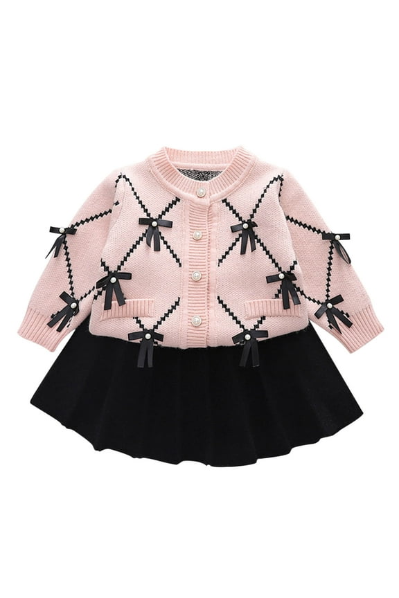 Onefit Sets for Kids Girls Tweed Style Long Sleeve Top Bow Detail and Plaid Skirt Two Piece Onefit Sets