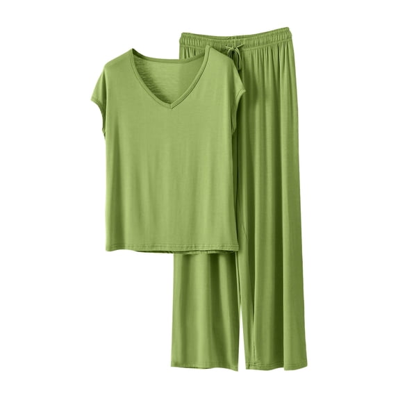 Bixock Pajama for Women 2 Piece Solid Color Loose V Neck Short Sleeve Long Pants Casual Loose Cut Loungewear Pajama Set for Summer Summer