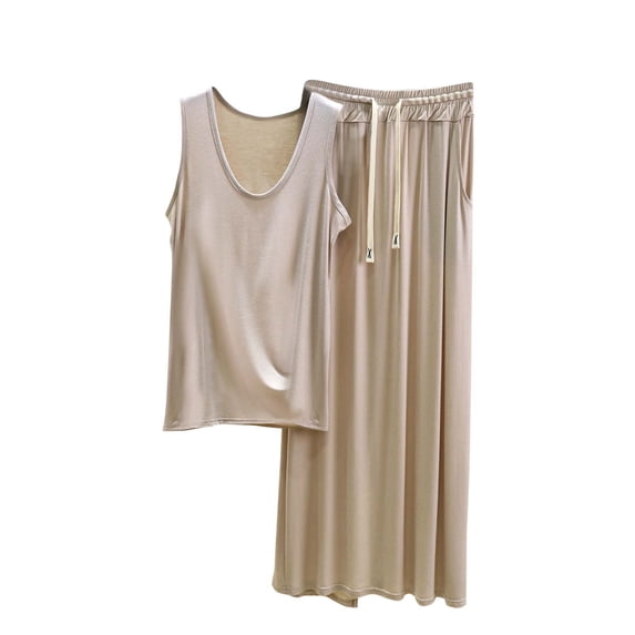 Bixock Loungewear Set for Women 2 Piece Fashion Solid Color Big Crew Neck Tank Top Drawstring Pocket High Waist Long Skirt Pajama Set for Home