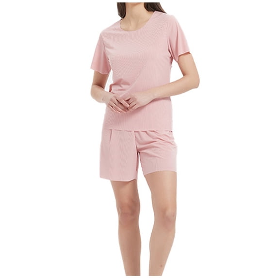 Bixock Silk Pajamas for Women Loungewear Set Solid Color Plus Size Short Sleeve Tops and Loose Lightweight Shorts for Home Indoor Use